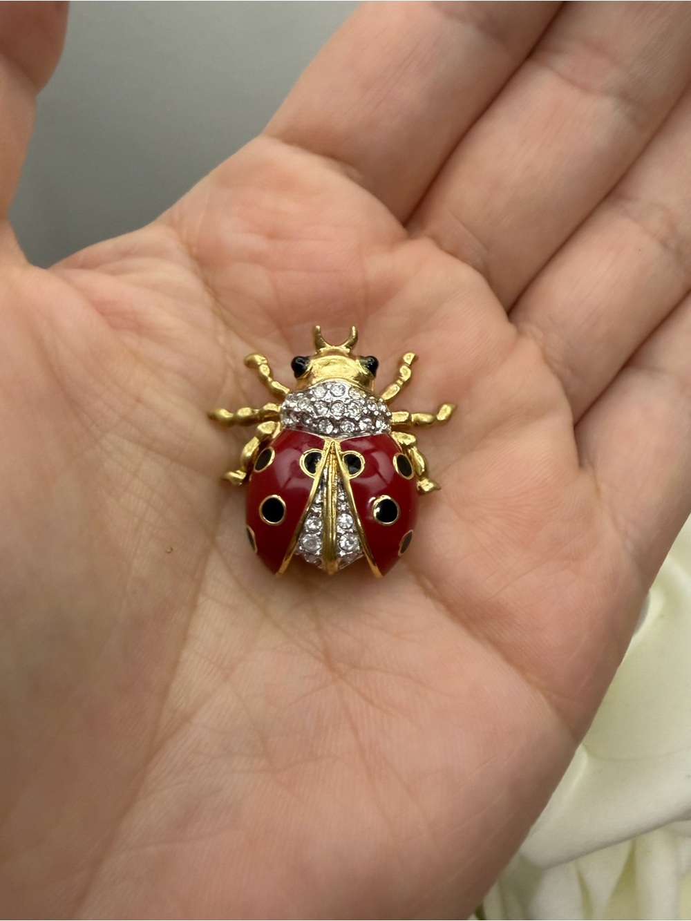 Vintage Gold-Tone Red Ladybug Brooch with Crystal Accents